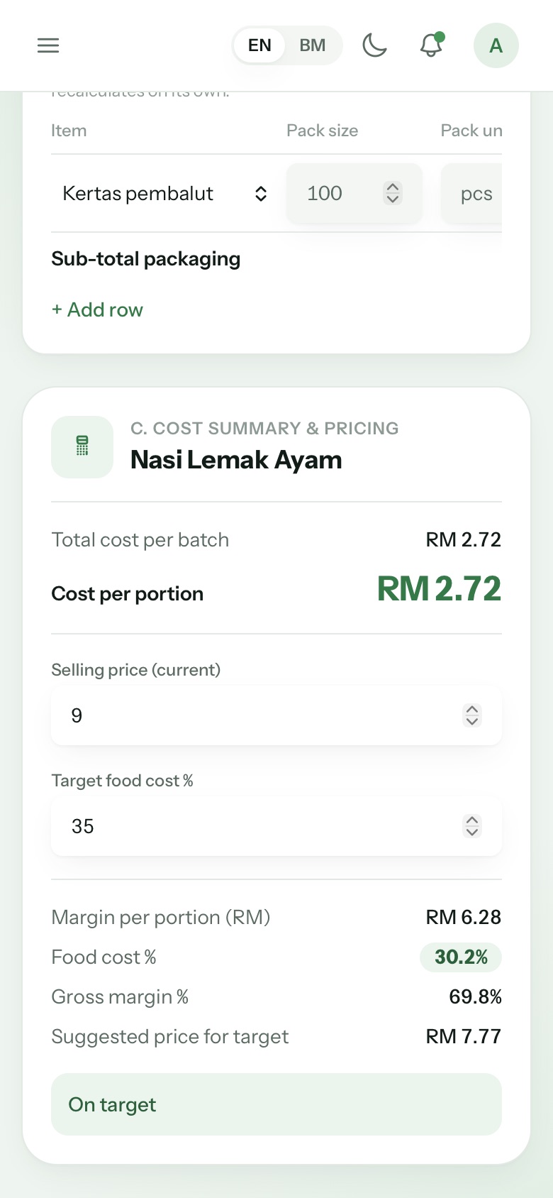 Recipe cost summary for Nasi Lemak Ayam: cost per portion RM 2.72, food cost 30.2%, on target
