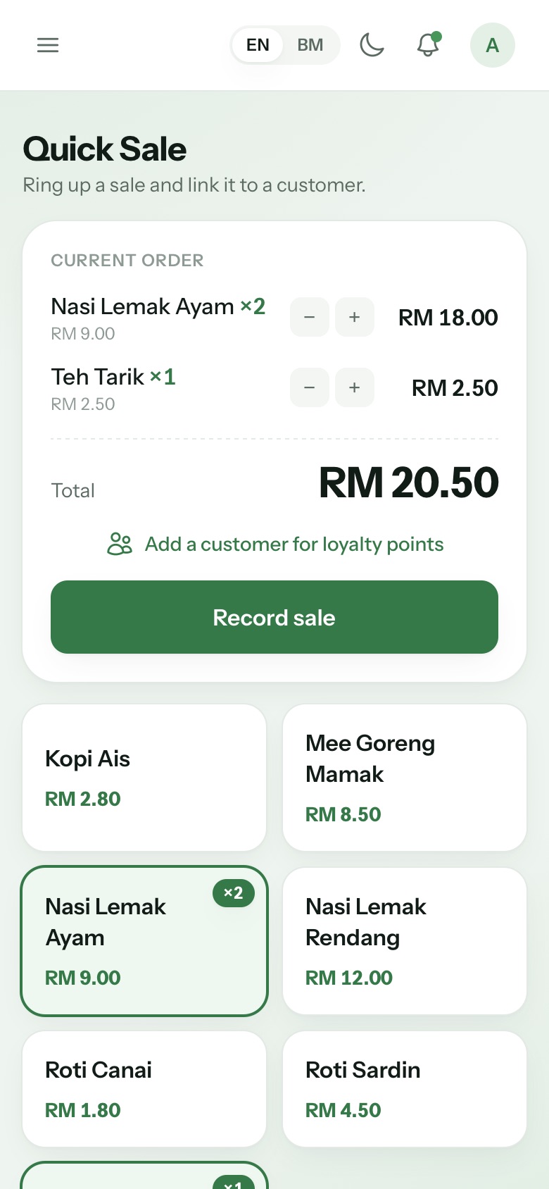 Quick Sale with Nasi Lemak Ayam ×2 and Teh Tarik ×1 in the current order, total RM 20.50