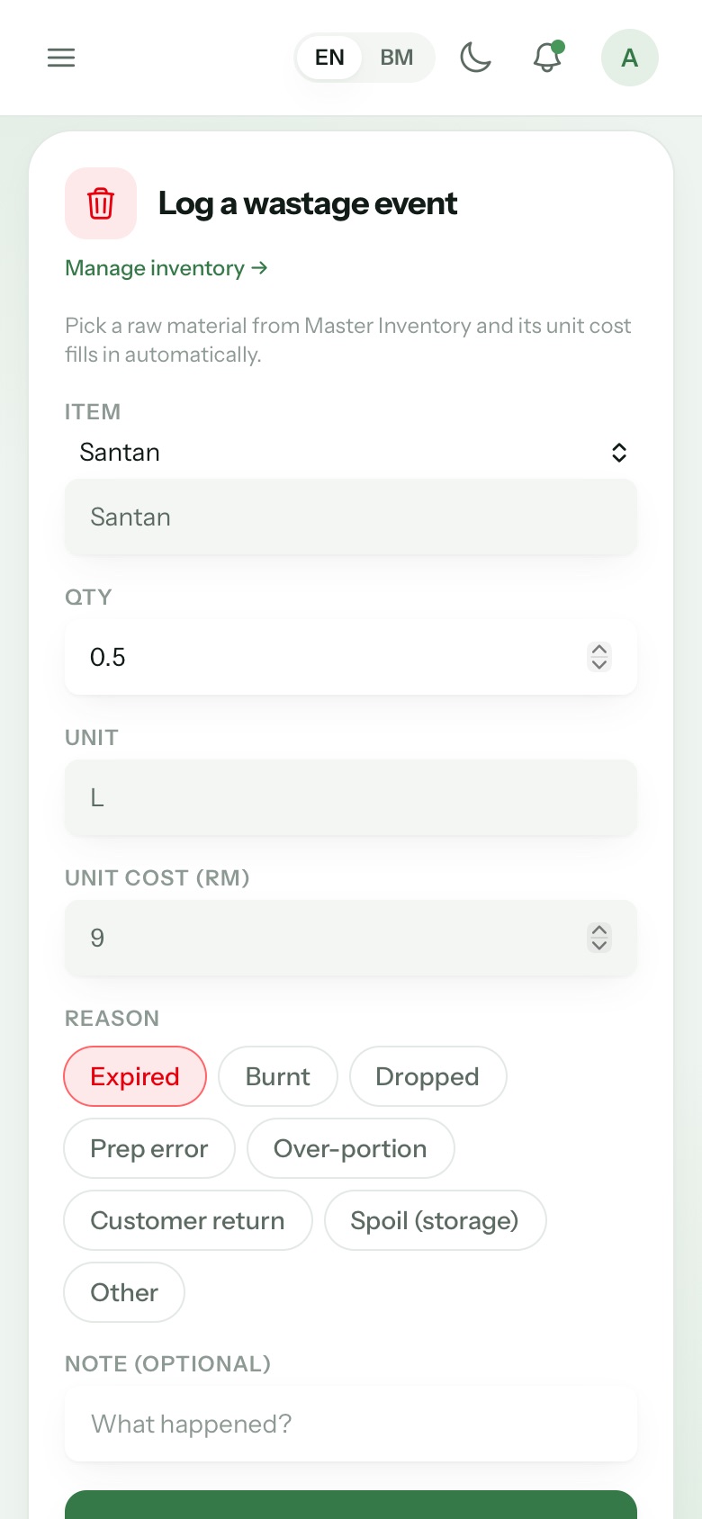 Wastage form with Santan, quantity 0.5 L and the reason Expired selected